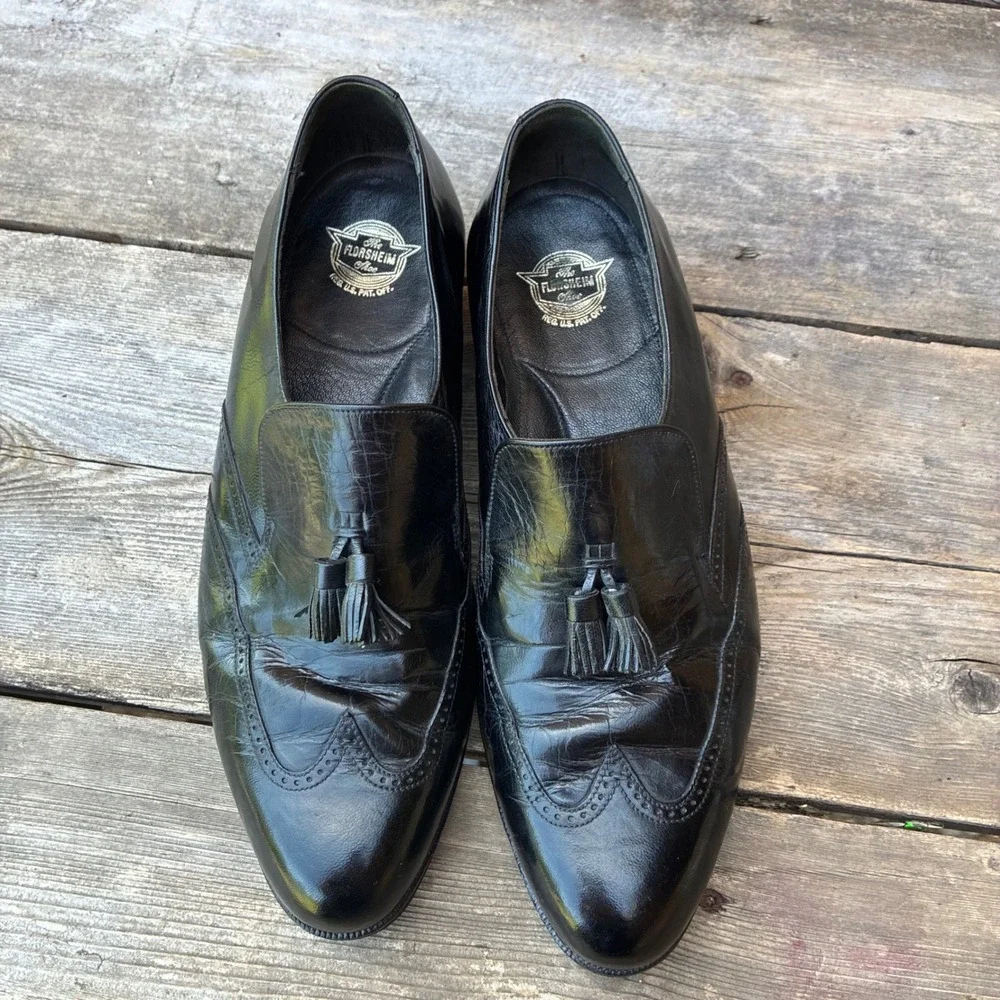 Vintage Florsheim Black Leather Kiltie Tassel Loafers Men's 7.5 E Wide 20108